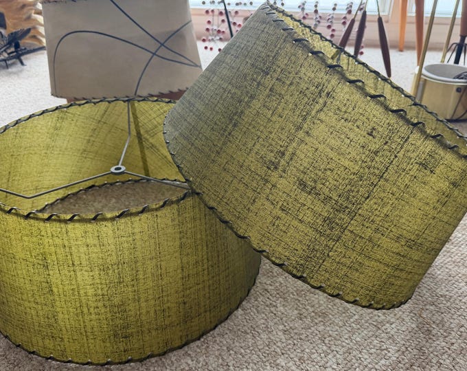 MCM Pair Vintage Fiberglass Shades Green Mid Century Modern Lighting Atomic 50s