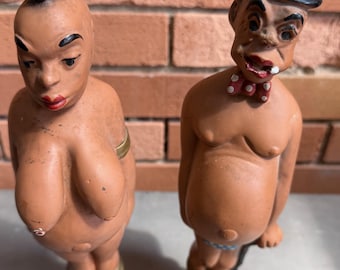 Pair Vintage Chalkware Figures Male Female Plaster of Paris People Carnival Prize