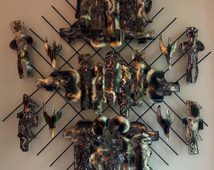 Vintage Torch Cut Metal Brutalist Abstract Sculptural Wall Hanging Modern Art 1970s