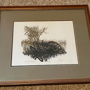 Vintage 70s Brown Black Wagon Tree Landscape Serigraph Print Wall Hanging Modern Art Signed