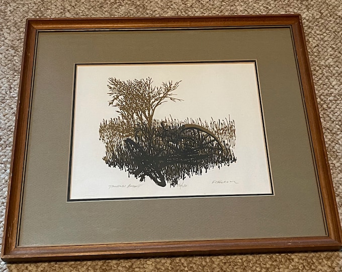 Vintage 70s Brown Black Wagon Tree Landscape Serigraph Print Wall Hanging Modern Art Signed