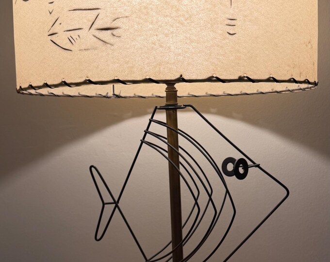 Vintage MCM Wire Fish Lamp Fiberglass Shade Mid Century Modern Atomic 1950s RARE
