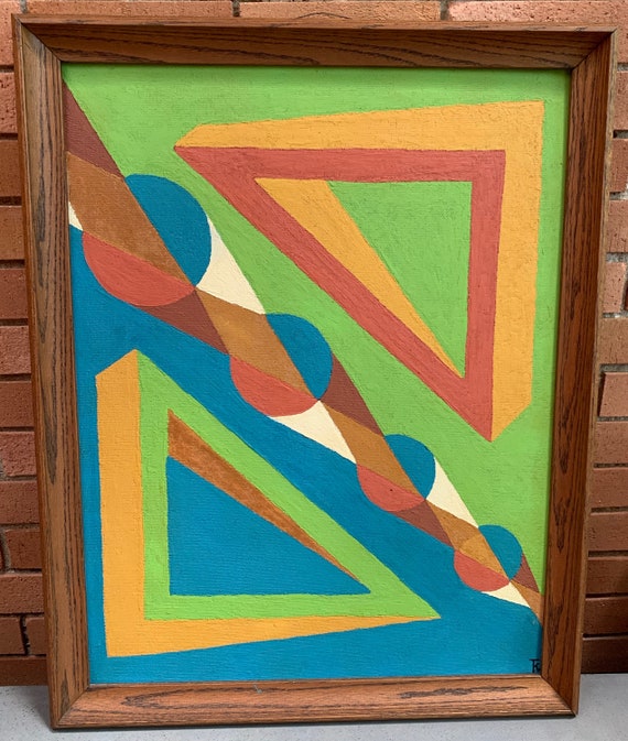 Vintage 60s Geometric Abstract Shapes Painting Mid Century Modern