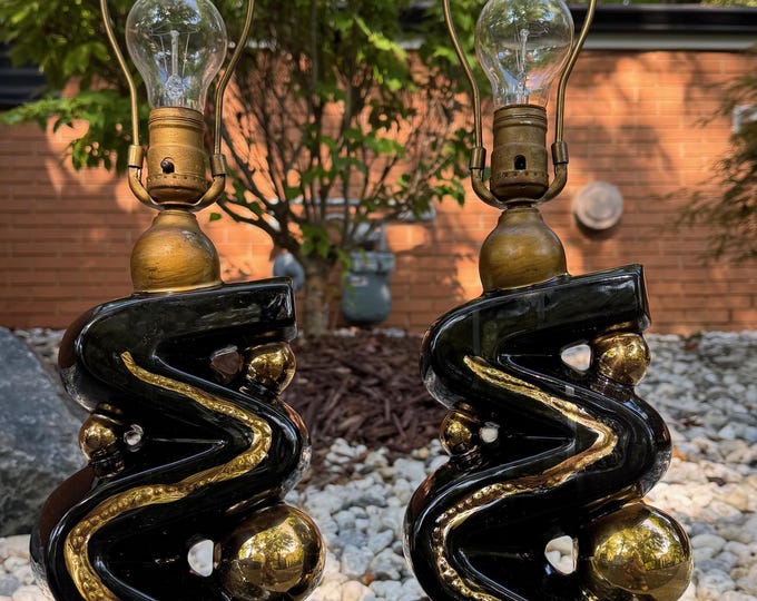 Pair Kron MCM Zig-Zag Lamps Black Gold Ceramic Atomic Era Mid Century Modern 50s Lighting