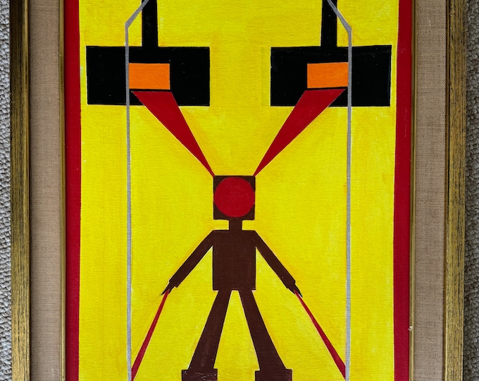 Vintage Surreal Abstract Geometric Painting Art Wall Hanging Signed REM Menges
