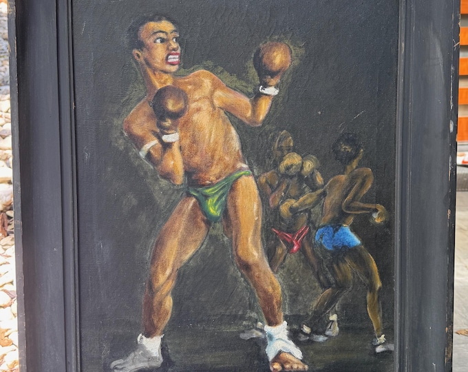 Vintage Framed Boxing Boxers Figural Painting Modern Art Wall Hanging Sports