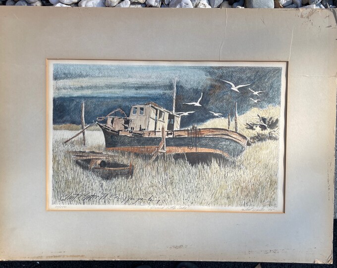 Vintage 70s Nautical Watercolored Litho Print Wall Hanging Signed Clint Carter