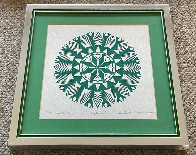 Vintage 1980s Scherenschnitte Paper Art Disco Dreams Wall Hanging Signed Framed Brother Martin de Porres Cuypers
