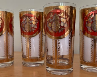 Vintage 60s Cora Gold Fruit Clusters Burgundy Drinking Glass Set Mid Century Glasses