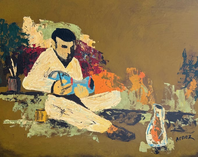 Vintage MCM 60s Figural Still Life Painting Mid Century Modern Art Signed Arnez