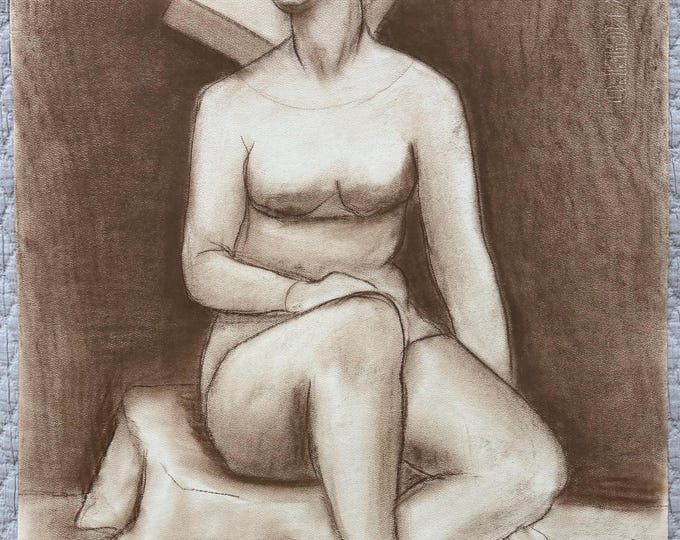 Vintage Figural Woman Charcoal Drawing Illustration Modern Art Signed Higgins 6