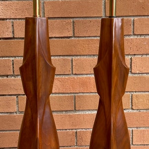 Pair Large Vintage 60s Sculptural Walnut Wood Metal Laurel Lamps Mid Century Modern Lighting