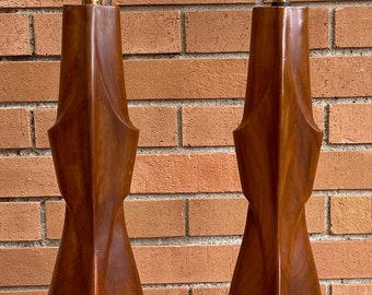 Pair Large Vintage 60s Sculptural Walnut Wood Metal Laurel Lamps Mid Century Modern Lighting