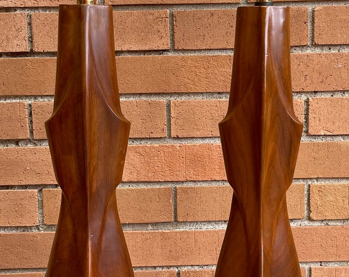 Pair Large Vintage 60s Sculptural Walnut Wood Metal Laurel Lamps Mid Century Modern Lighting
