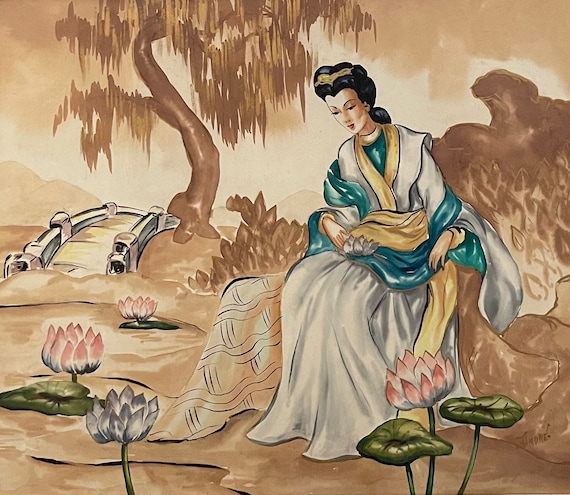 Large Vintage 1950s 1960s Asian Watercolor Painting Mid Century