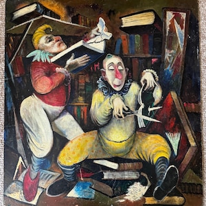 Vintage Post-War Clown Library Books Oil Painting Modern Art Wall Hanging Unknown Artist
