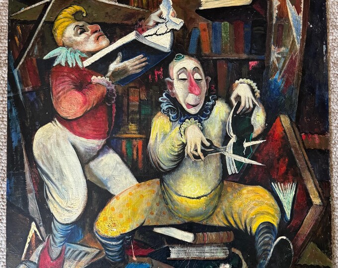 Vintage Post-War Clown Library Books Oil Painting Modern Art Wall Hanging Unknown Artist