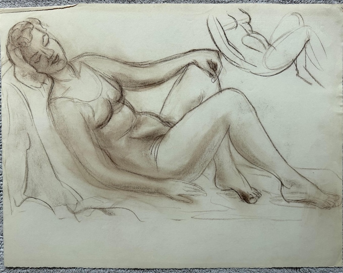 Vintage Woman Posing Charcoal Drawings Illustration Modern Art Signed Higgins 22