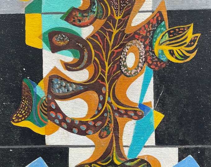 Colorful Vintage 1960s Abstract Surreal Oil Painting Mid Century Modern Wall Art Signed L. Jacoby