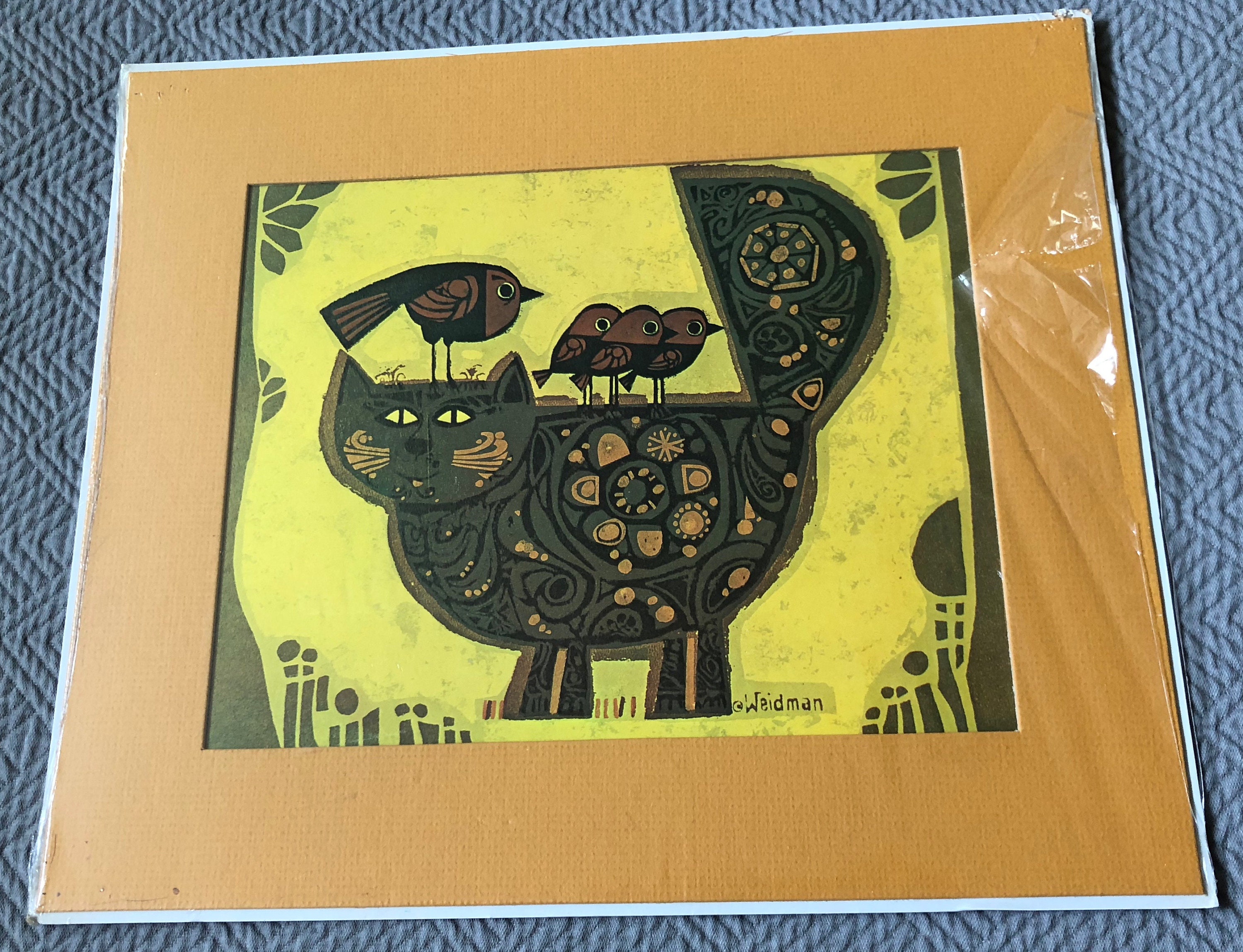 Vintage 70s David Weidman Cat Birds Lithograph Print Wall
