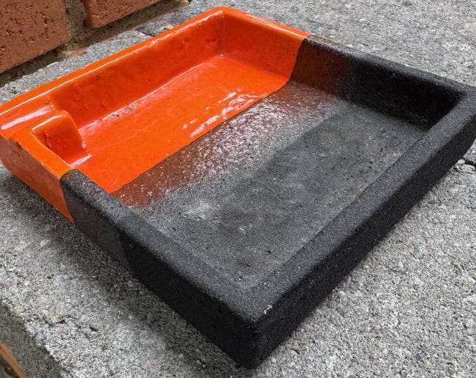 Vintage MCM 1960s Orange Brown Charcoal Striped Ceramic Pottery Ashtray Italy