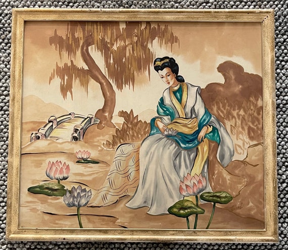 Large Vintage 1950s 1960s Asian Watercolor Painting Mid Century