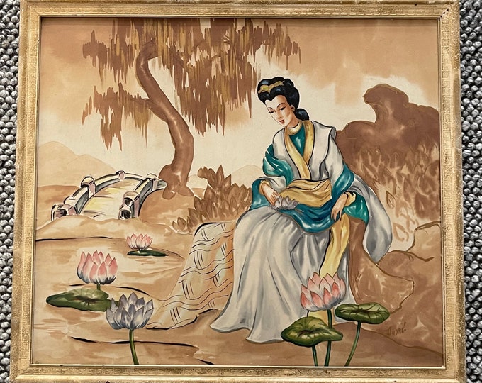 Large Vintage 1950s 1960s Asian Watercolor Painting Mid Century Modern Art André