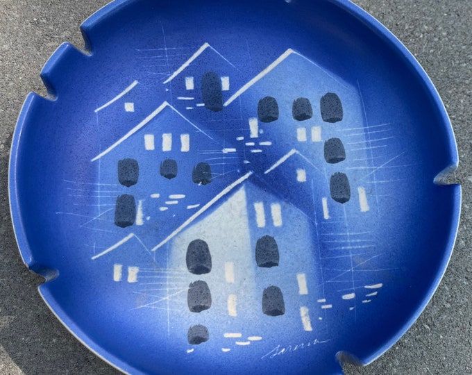 Vintage 60s California Pottery Ceramic Ashtray Blue White Buildings Mid Century Modern Signed