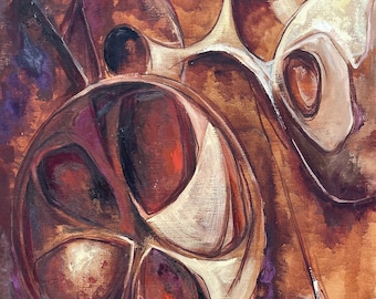 Vintage 1960s Abstract Shapes Oil Painting Mid Century Modern Art Wall Hanging