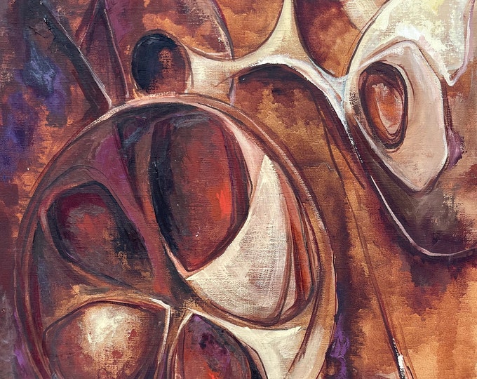 Vintage 1960s Abstract Shapes Oil Painting Mid Century Modern Art Wall Hanging