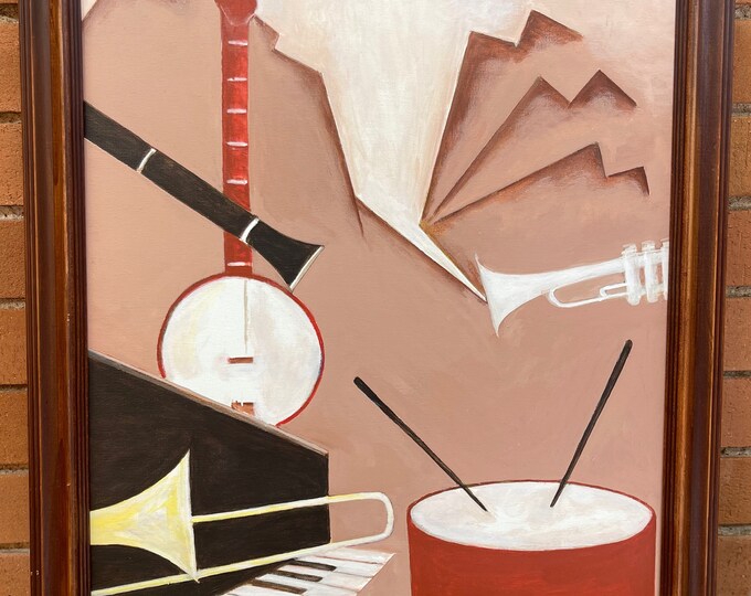 Vintage 70s 80s Abstract Instruments Instrument Painting Art Wall Hanging Signed REM Richard Menges The Return