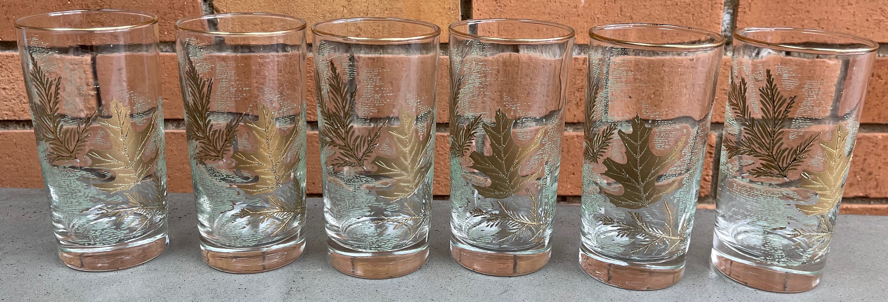 Set 6 Vintage LIbby Green Gold Oak Leaf Tumblers Glasses Mid Century