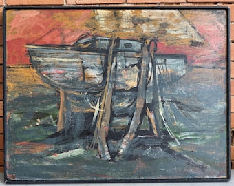 Vintage Nautical Boat Oil Painting on Masonite Mid Century Modern Wall Art 60s