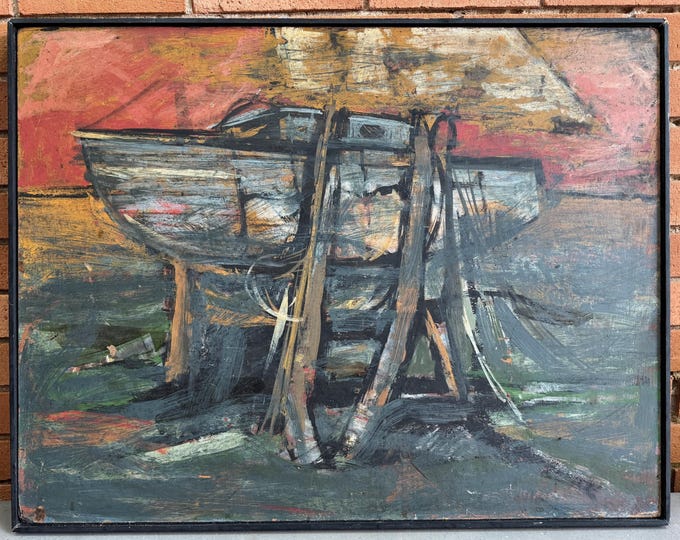 Vintage Nautical Boat Oil Painting on Masonite Mid Century Modern Wall Art 60s