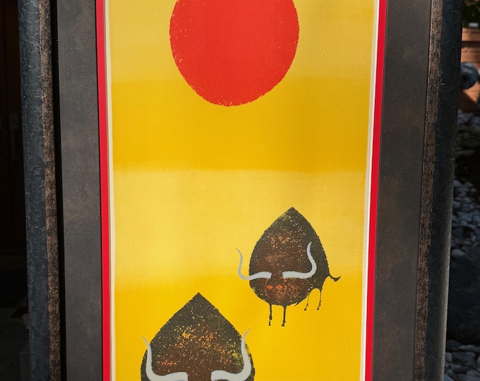 Vintage Abstract Bull Lithograph Print De Carlo Mid Century Modern Art Signed