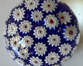 Vintage Round Red White Blue Murano Millefiori Handblown Glass Paperweight