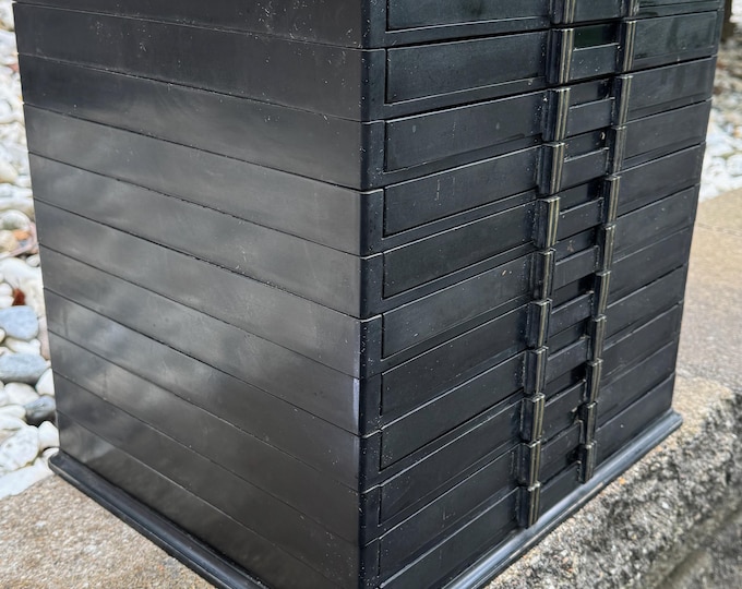 Vintage Black Gold Bakelite Dentists' Supply Co. of NY 11-Drawer Cabinet Storage