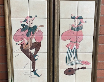 Vintage Mistrel Harlequin Ceramic Wall Plaques MCM Kitsch Signed Smitty 50s 60s