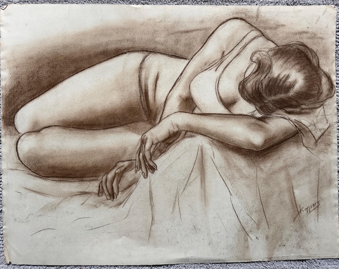 Vintage Woman Posing Charcoal Drawings Illustration Modern Art Signed Higgins 26