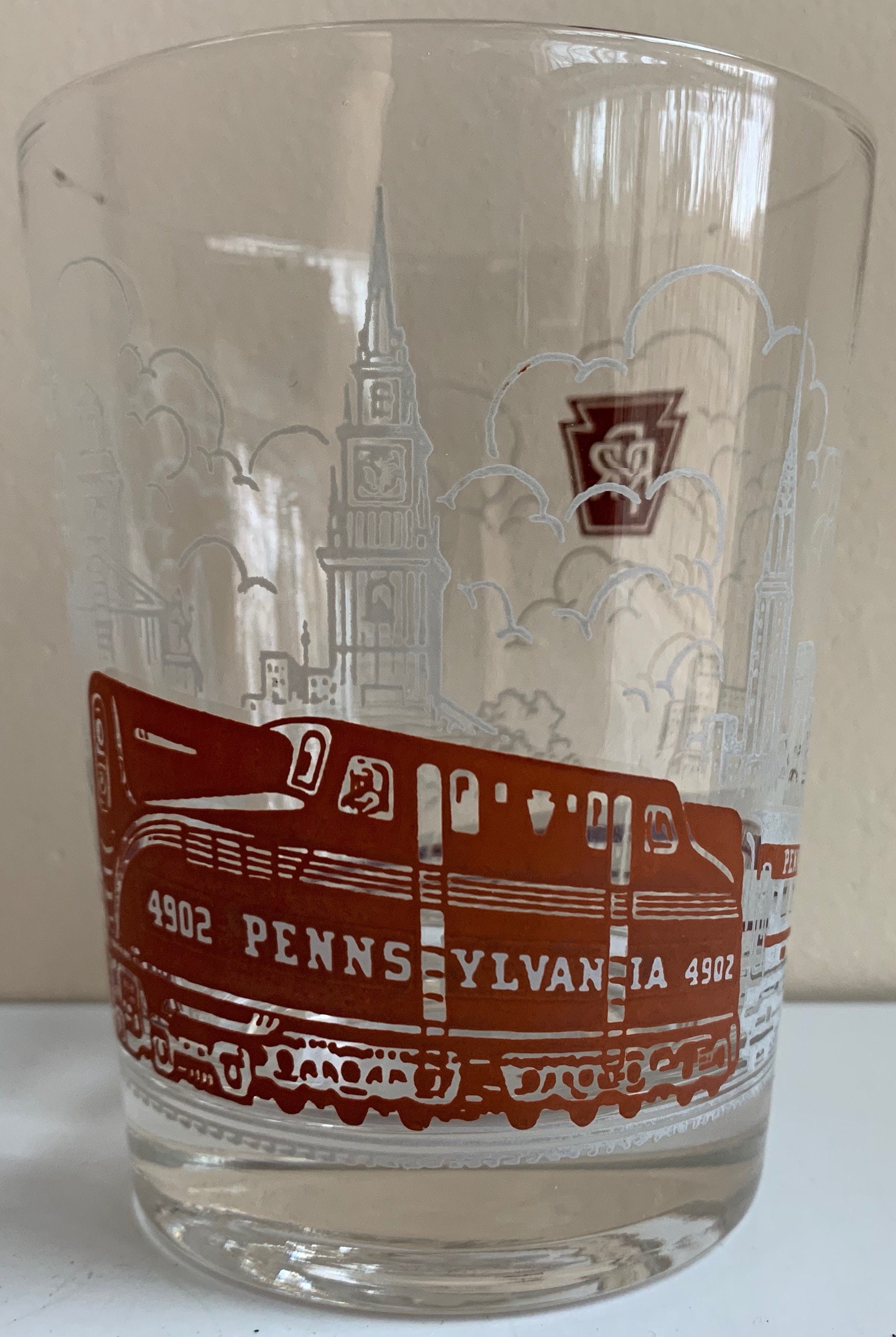 Vintage Brown White Pennsylvania Railroad Drinking Glass Train Libbey