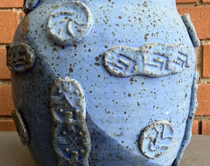 Vintage Blue Ceramic Stoneware Vase Raised Medallions Studio Pottery Modern 70s