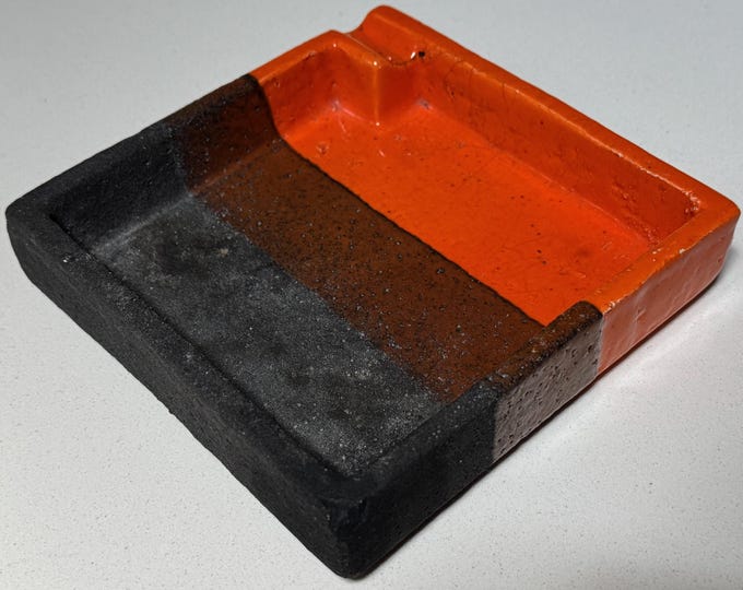 Vintage MCM 1960s Orange Brown Charcoal Striped Ceramic Pottery Ashtray Italy