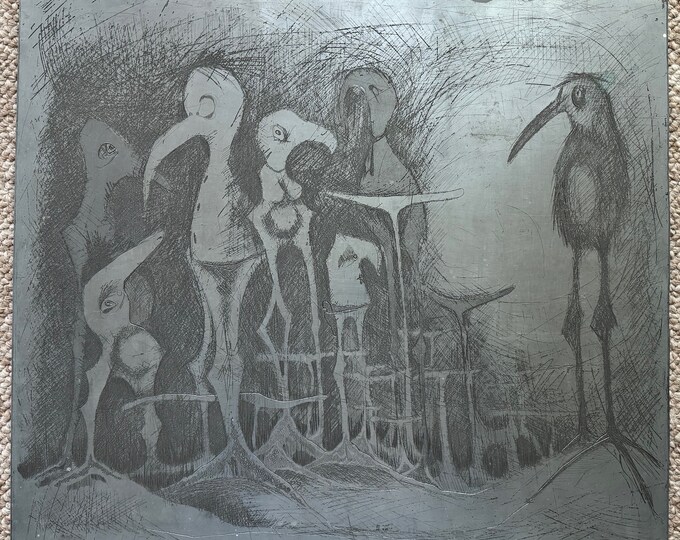 Rare Vintage Metal Printing Plate Abstract Birds Charles SHOEmaker Whimsical - 5