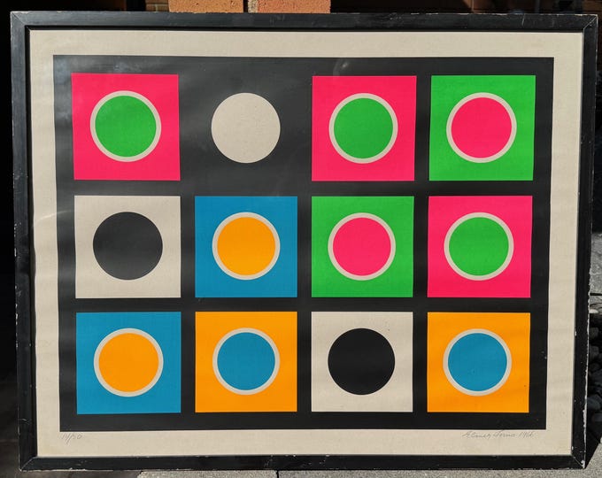 Vintage MCM 1960s Geometric Circles Screen Print Mid Century Modern Art Signed