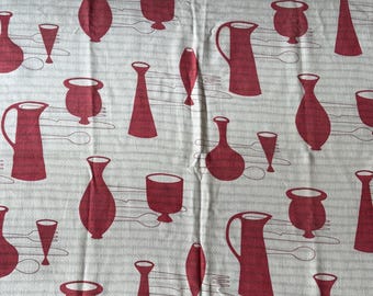 Vintage MCM 1950s Barkcloth Curtain Panel Drape Mid Century Modern Flatware Jugs
