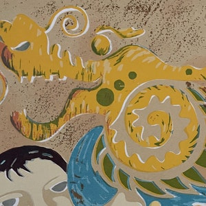 May include: A yellow and green dragon with a swirling tail, painted on a beige background. The dragon is stylized and has a whimsical feel.