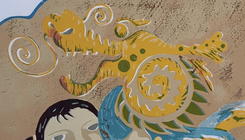 May include: A yellow and green dragon with a swirling tail, painted on a beige background. The dragon is stylized and has a whimsical feel.