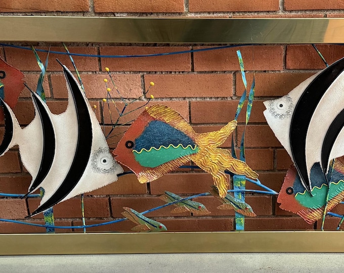 Vintage 90s Jeré Metal Fish Sealife Aquarium Sculptural Wall Hanging Modern Art