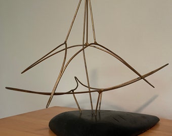 Vintage 70s Wire Wood Abstract Sculpture Mid Century Modern Art Object Signed