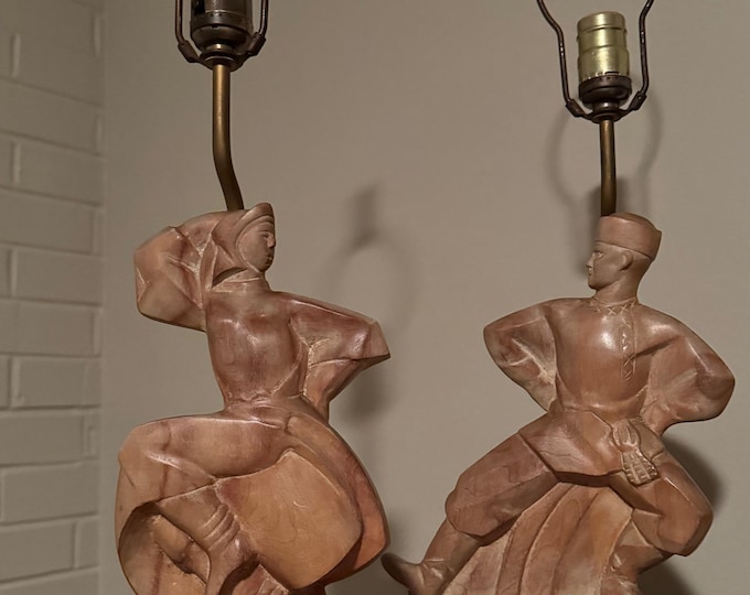 Vintage Heifetz Lamps Carved Wood Russian Cossack Dancers Mid Century Lighting Deco